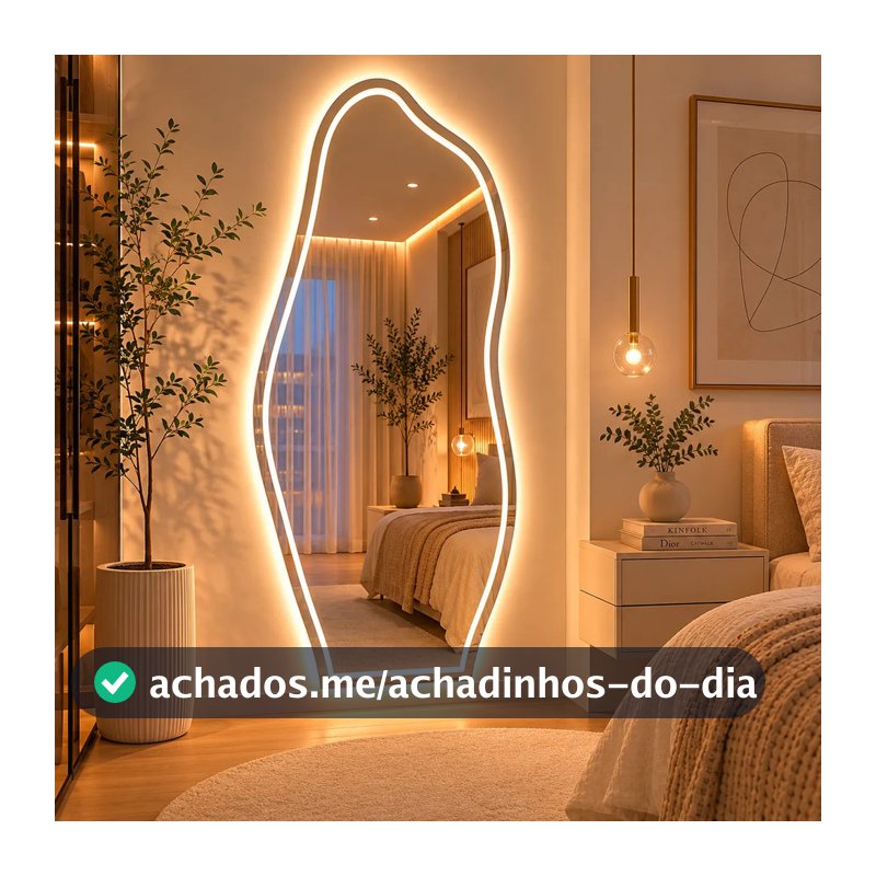 Espelho Grande Com Led Forte de 3 Cores e Botão Touch Jateado 90x40 Banheiro Quarto Sala Premium
