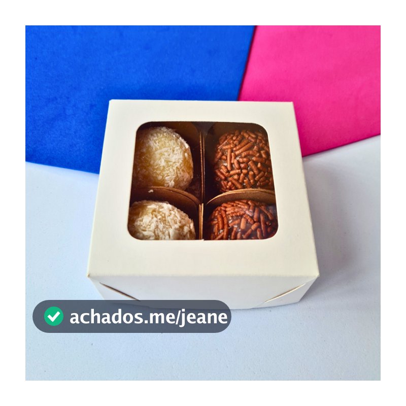 Kit 10+ Caixas BRANCA 4 doces com visor 7,5x7,5x3 cm. Embalagem para doces, presente e artesanato.
