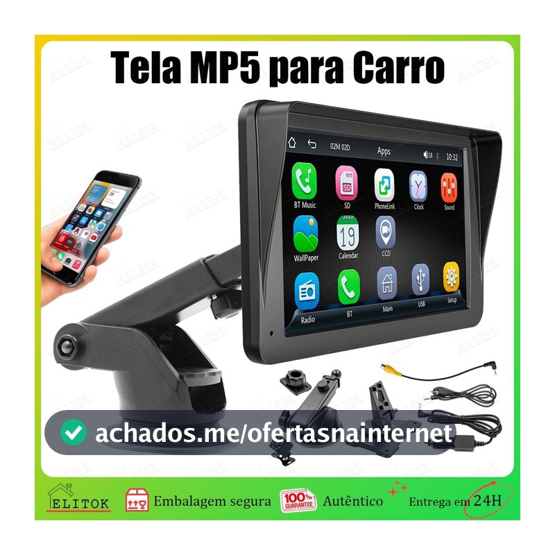 Tela MP5 para Carro 7 Polegadas Touch Bluetooth 5.0 CarPlay Android Auto USB FM Suporte Câmera de Ré acessórios de carro