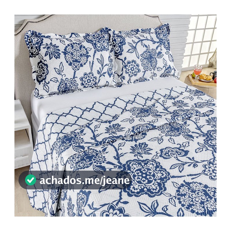 Kit Cobre Leito Colcha Queen Bouti 3 Peças Dupla Face Estampada Porta Travesseiro Aba Americana