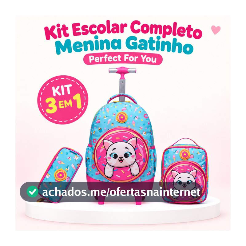 Kit Mochila de Rodinha Gatinho Feminina Infantil Estojo Escolar Lancheira Térmica