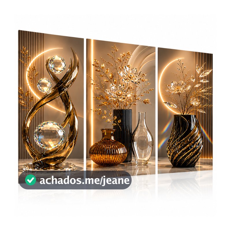 Quadros Decorativos Kit  3 pçs para Sala Quartos  Quarto Luxo 3D Cristal E Ouro Modernas Delicadas