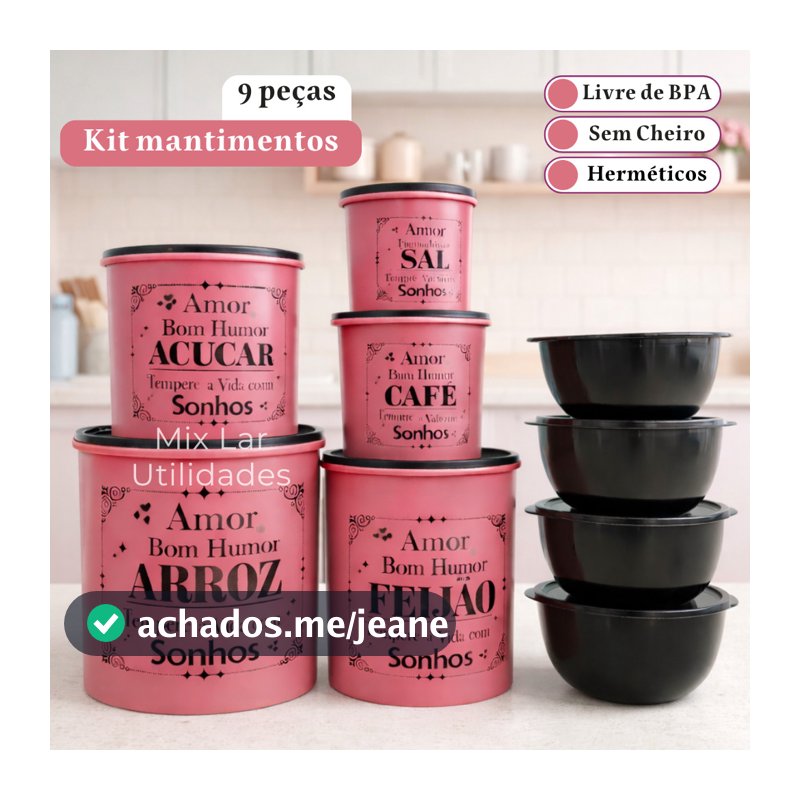 Kit Potes para Mantimentos Cozinha 9 Peças em Plástico Decorado