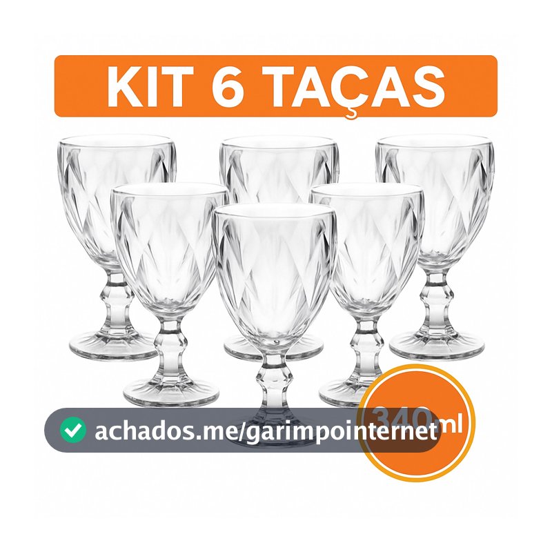Kit 6 Copos Taças Diamond Vidro Transparente Para Água Luxo Resistente 340ml