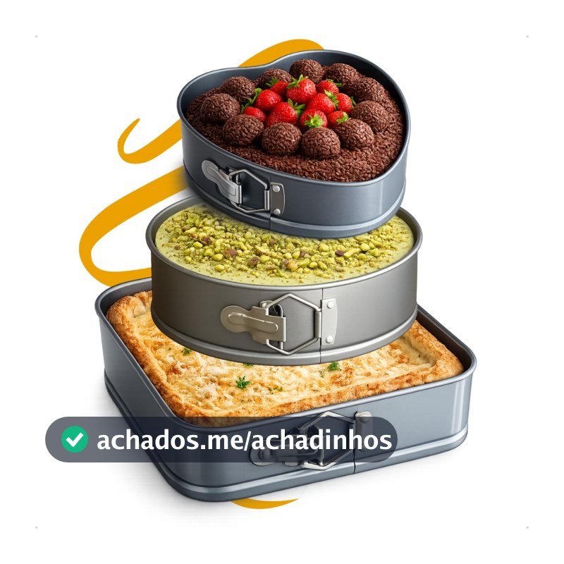 Kit 3 Formas Antiaderentes Fundo Removível Bolo Torta Coração Redonda Quadrada Aço Carbono pratica receitas versátil