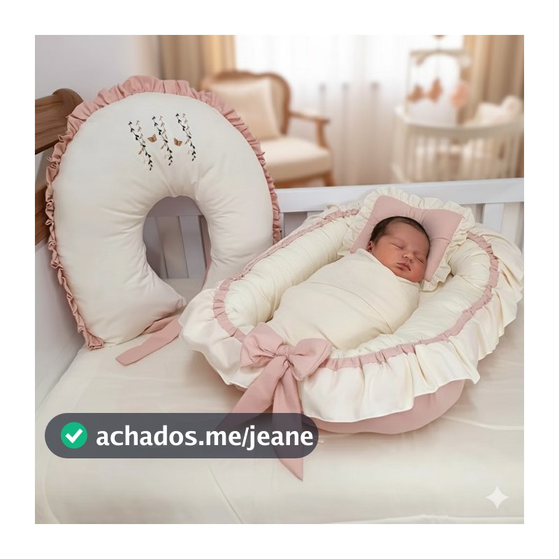 Ninho Redutor De Berço + Almofada de Amamentação com Babado e amarris Meninas RAMINHO