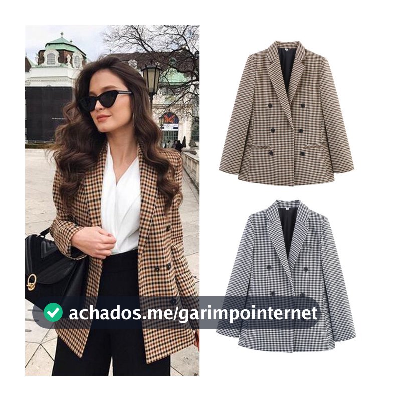 HW Fatos De Manga Comprida Feminina Vintage Notched Bouble Breasted Plaid Women Blazer