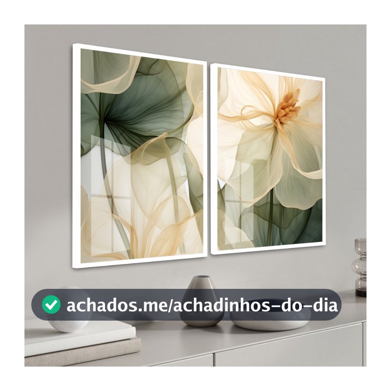 Quadro Moldura e Vidro Kit 2 Peças Grandes Flor Bege e Verde Decoração Sala Quarto Escritório