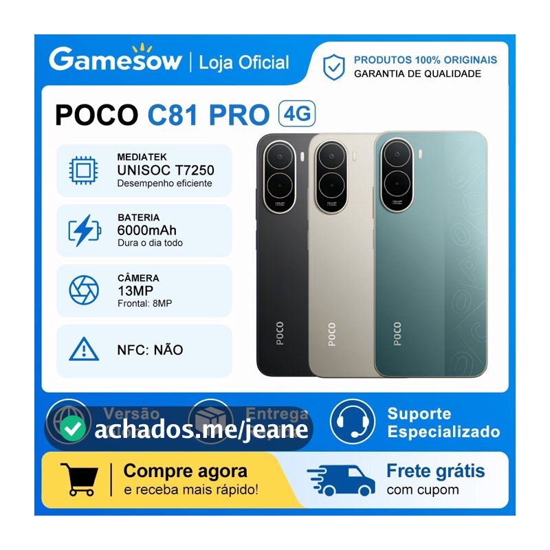 Xiaomi Poco C81 PRO 4G, Versão Global, Processador UNISOC T7250, Bateria 6000mAh, 64GB, 128GB, 256GB + 4GB RAM