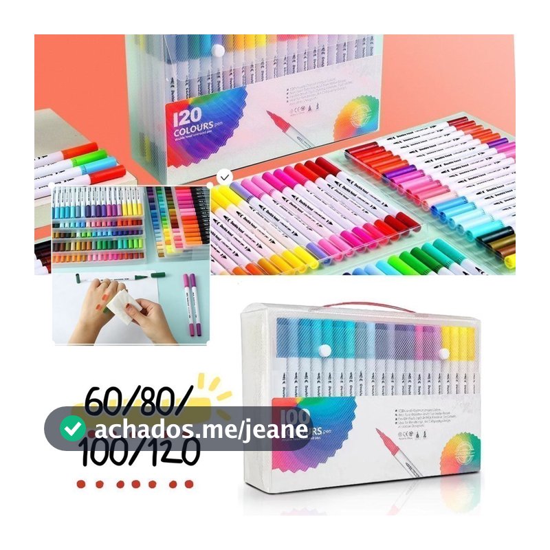 Kit60/80/100/120 Cores Caneta 2 em1 Brush Lettering e Ponta Fina Dual Pen Canetinha Colorir Desenho