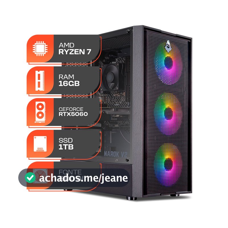 PC Gamer Titan Pro, AMD Ryzen 7 5700X, GeForce RTX 5060 8GB, 16GB DDR4, SSD M.2 1TB, Fonte 600W 80 Plus