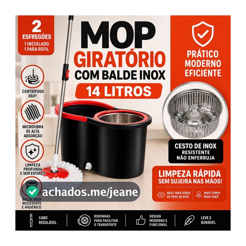 Mop Giratório Cabo De 140Cm C/2 Refil Cesto Em Inox Balde Com Rodinha