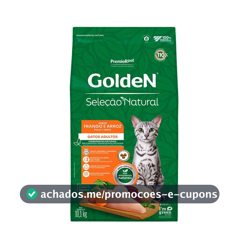Ração Golden Seleção Natural Gatos Adultos Frango e Arroz 10,1kg