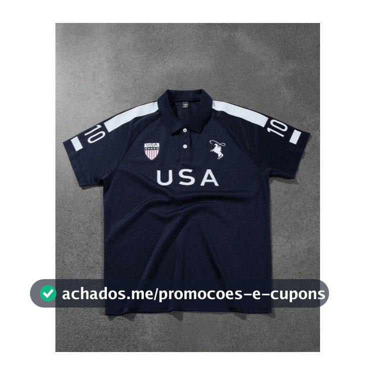Camisa Polo Masculina USA de Manga Curta com Gola, Azul Marinho