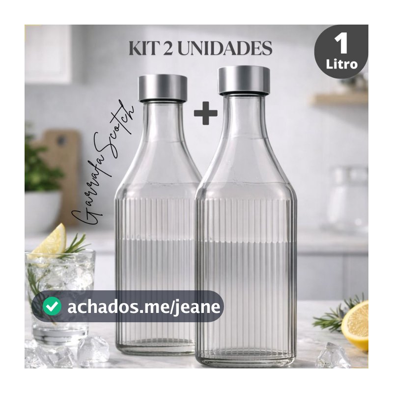 Kit 2 Garrafas de Vidro 1L Água Geladeira Tampa Inox Canelada Scotch Filete Quadrada Hermética