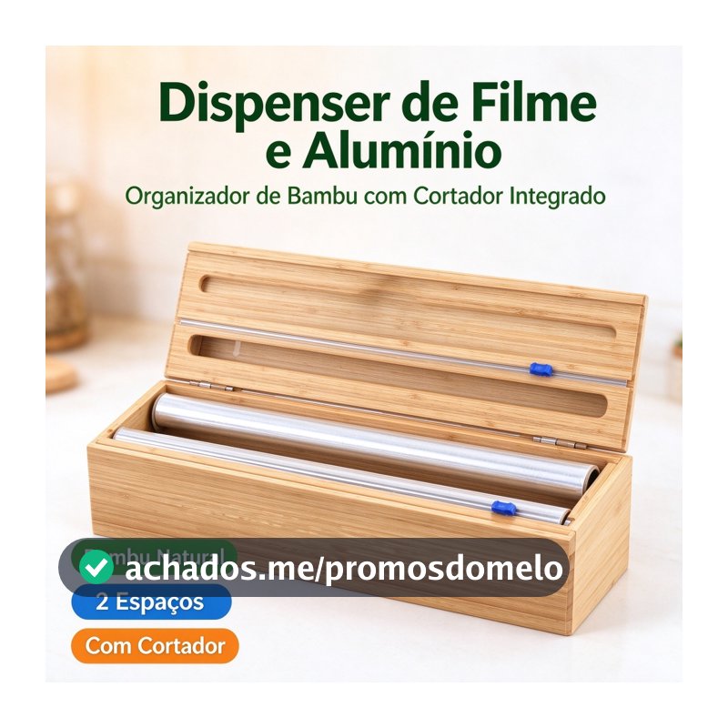 Porta Rolo Duplo Organizador Bambu Papel Alumínio Filme PVC Cortador Dispenser Cozinha Suporte