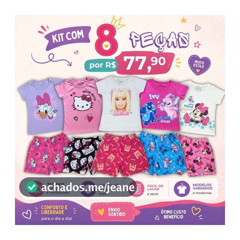 Kit 8 Peças Menina Infantil Personagens Verão Conjunto Feminina Calor Barbie Stitch Minnie 1 ao 10