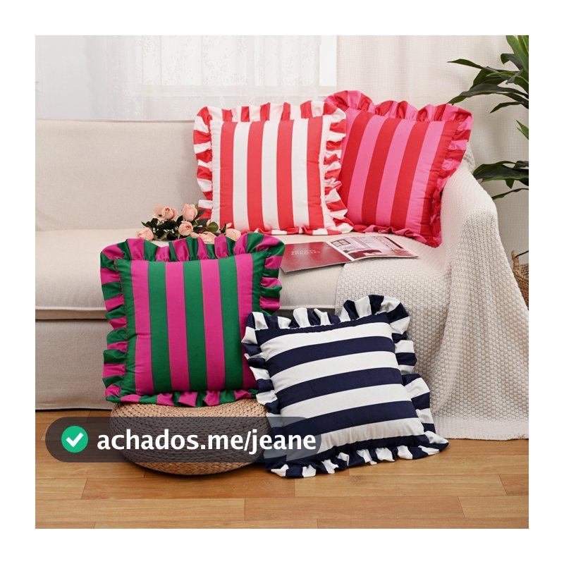 Capa Para Almofada 45x45 Veludo Listrada Com Babados Decorativa Para Sofá Sala E Cama Posta