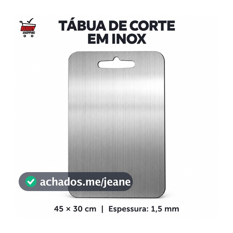 Tábua de Corte Inox 45x30cm Retangular com Alça Vazada 1,5mm para Cozinha Carnes Frutas e Legumes