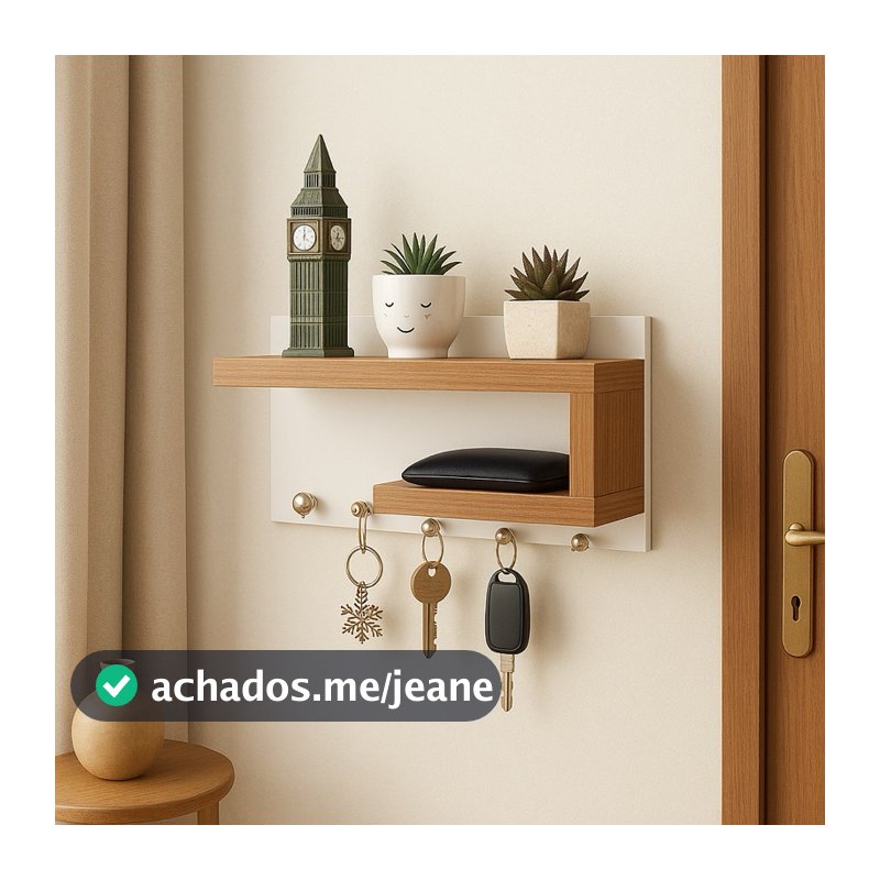 Porta-Chaves de Parede com Prateleira Decorativa em MDF 25x13x8,5 cm – Design Moderno Amadeirado e Branco