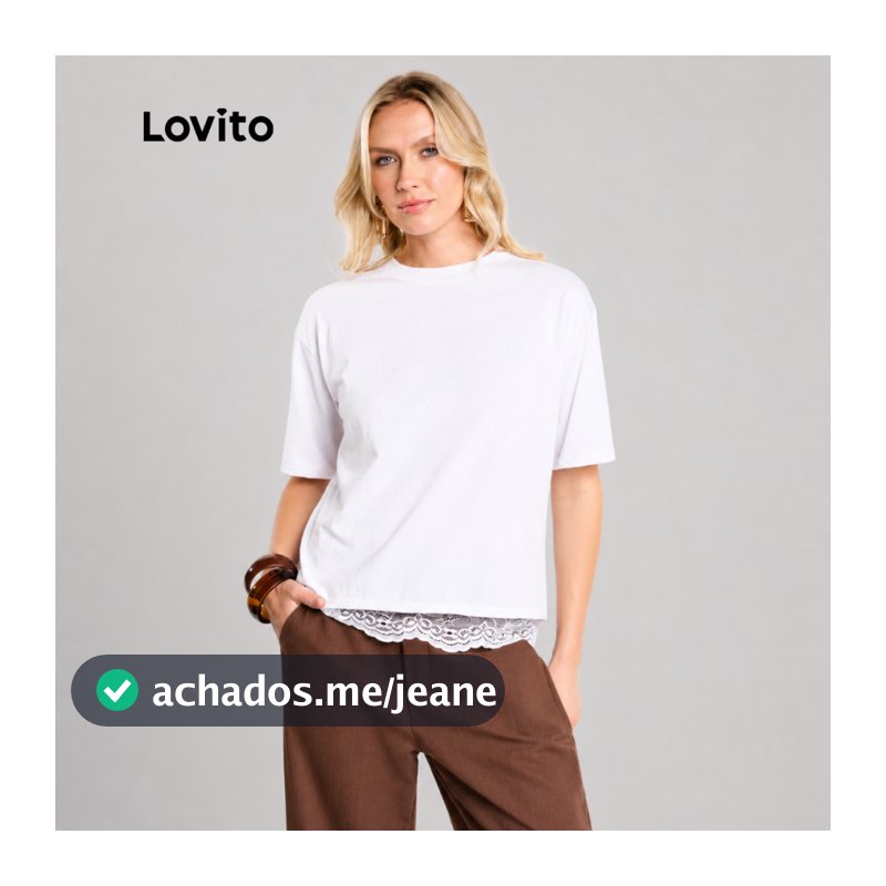Lovito Camiseta Feminina com Renda na Barra Oversized Confortável BRTSB18081838