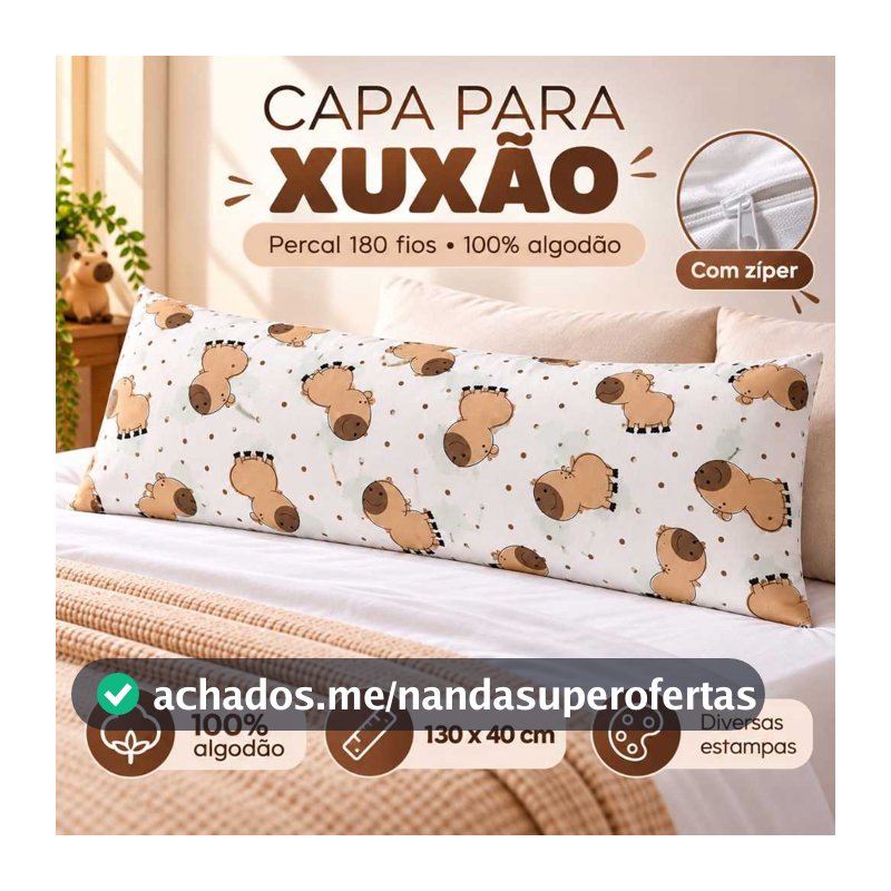Fronha Xuxão com Zíper, Algodão, Percal Estampado 180Fios, Travesseiro de Corpo e Gestante com Zíper