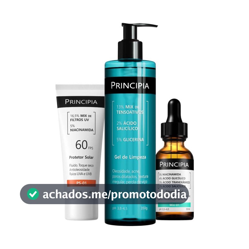 Principia Kit Anti-Acne Trio c/ Gel de Limpeza GL-01 + Sérum Mix-01 + Protetor Solar Facial PS-01 FPS 60