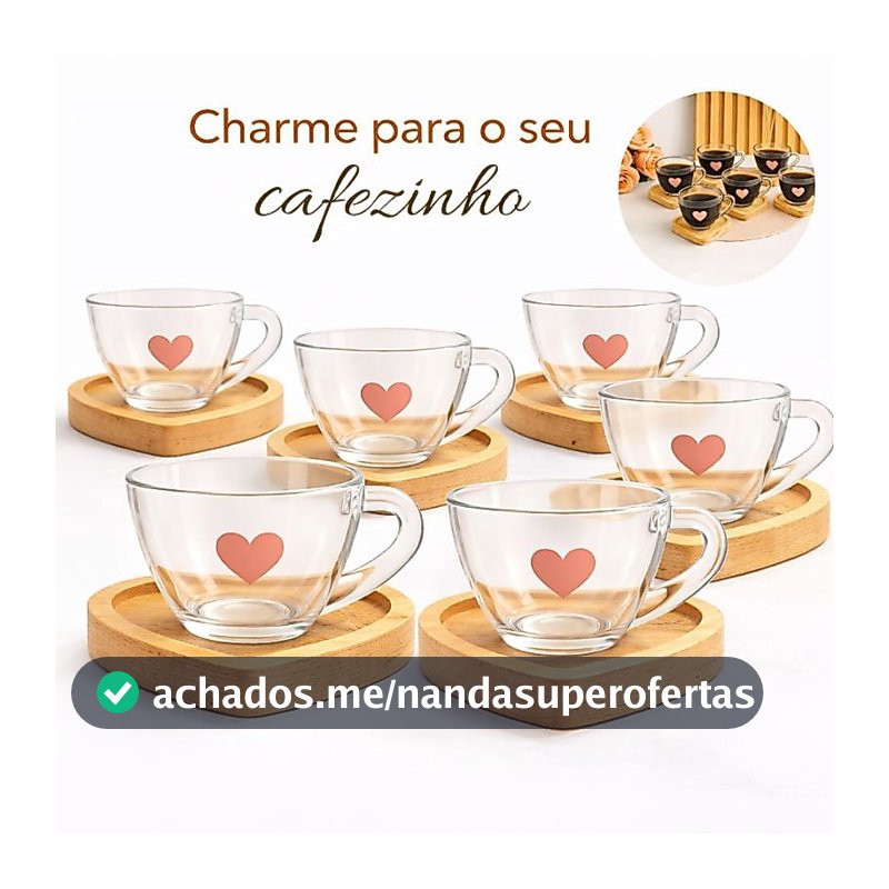 Jogo de Xícaras de Café com Pires de Madeira Coração Cantinho do Café Kit Presente Feminino