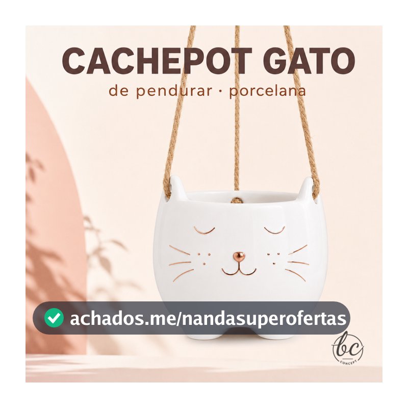 Cachepot Gato de Pendurar em Porcelana com Corda