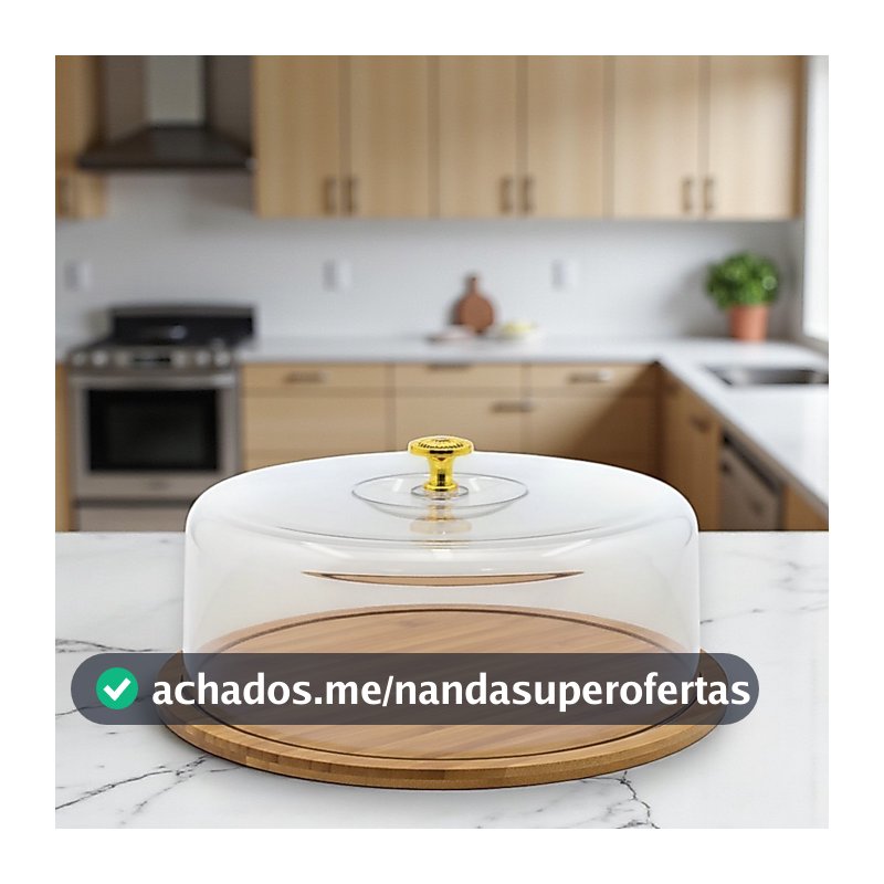 Boleira Porta Bolo Torta Base Bambu Tampa Acrílico Pegador Dourado