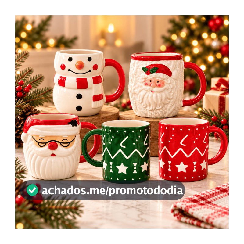 Caneca de Cerâmica Natalina com Alça, Estampa Papai Noel e Boneco de Neve Decoração Natal