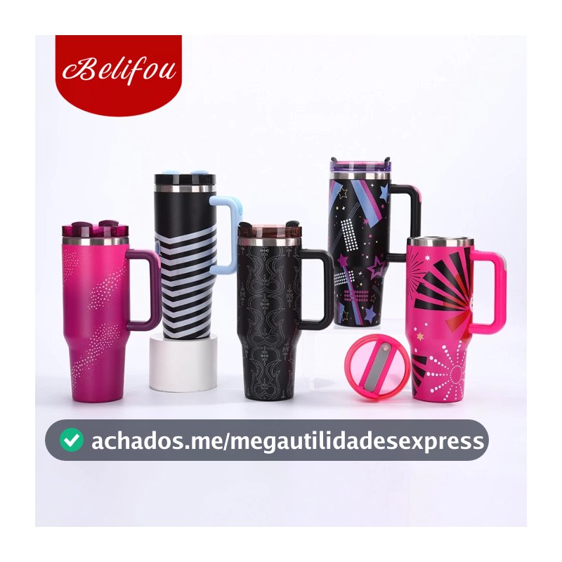 Belifou Garrafa Térmica Copo Boneca Rosa 1200ml Inox Com Tampa e Canudo Personalizado Modelo