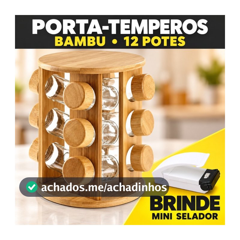 Porta Tempero em Bambu Giratório 12 Potes Condimentos Bambu luxo