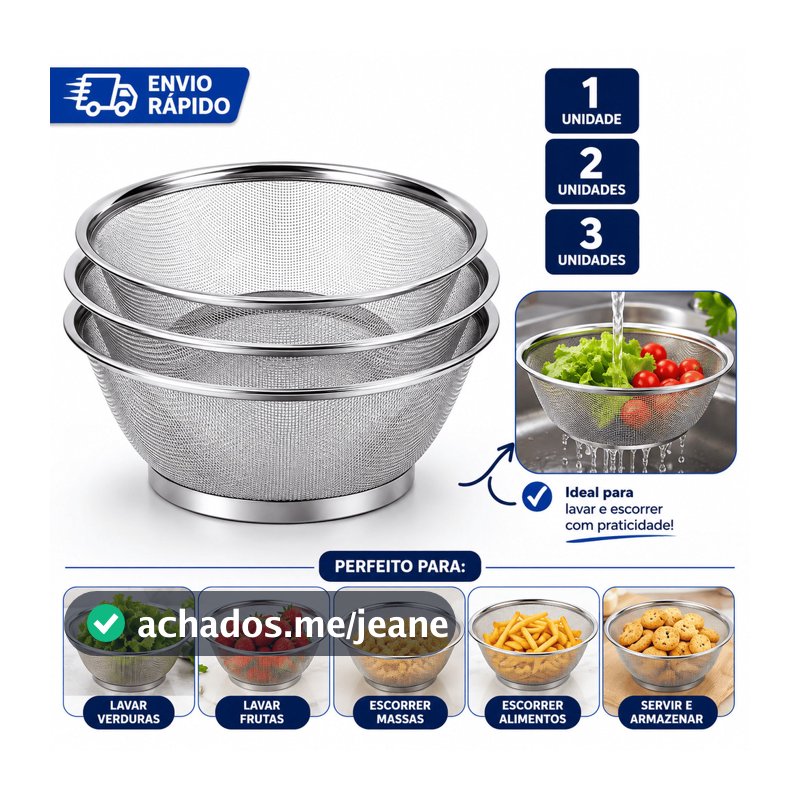 Cesto Escorredor Inox 25cm para Lavar Alimentos 1 2 3 Unidades