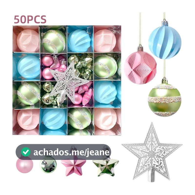 Kit 50 Enfeites de Natal Bolas Sortidas 6/3cm Pastel Rosa Azul Verde Fosca Brilhante Glitter para Árvore de Natal