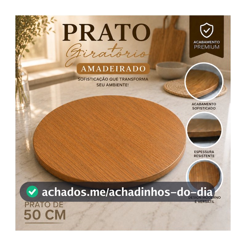 Prato Giratório Madeira MDF 50cm Decorativo Mesa Posta Luxo Amadeirado Resistente