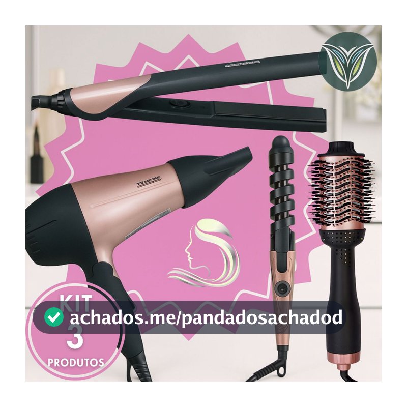 KIT 3 Escova Secadora + Secador de Cabelo Portátil + Modelador de Cachos + Chapinha Profissional Rosa Potente Qualidade