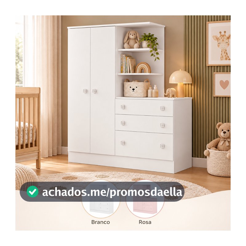Guarda Roupa Infantil com Cômoda 3 Gavetas Quarto de Bebê Doce Sonho MDP Qmovi