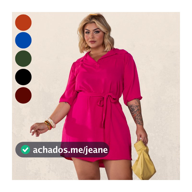 Vestido Chemise plus Size G1 G2 G3 Manga 3/4 Tecido Duna/Cintura Ajustavel/Não encolhe/Moda Casual