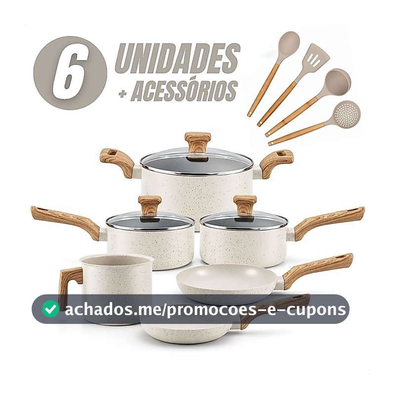 Jogo de Panelas 6 Peças Antiaderentes com Tampa de Vidro Temperada com 4 Utensílios de Cozinha