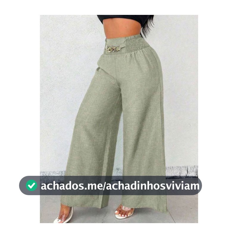 Calça Pantalona Social Feminino De Linho Com Cinto Fake e Cintura Alta e Bolsos