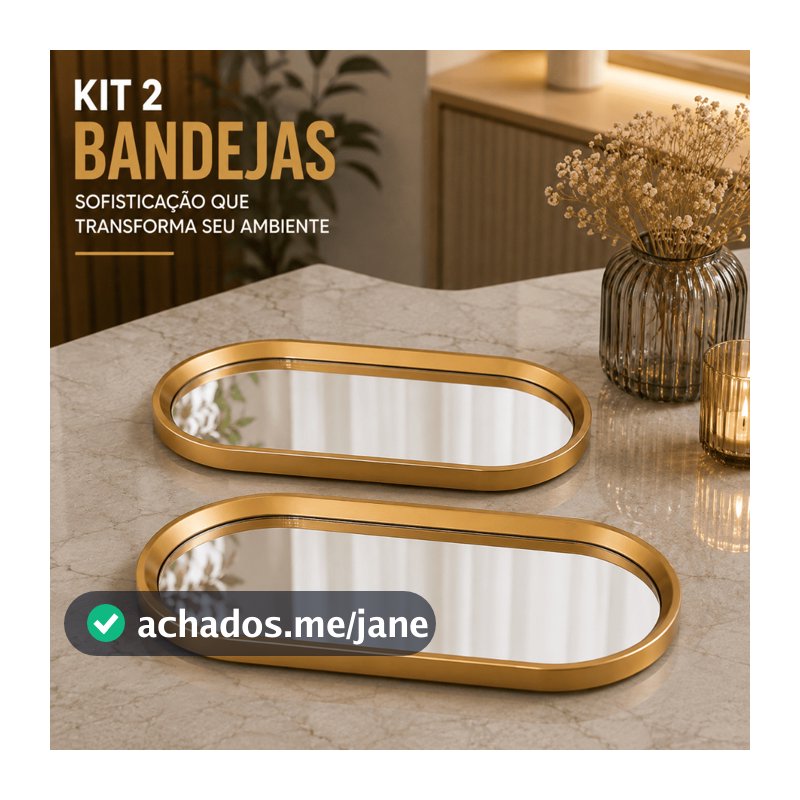 Kit 2 Bandejas Douradas Espelhadas Decorativas Porta Perfumes Maquiagem Lavabo Banheiro Luxo