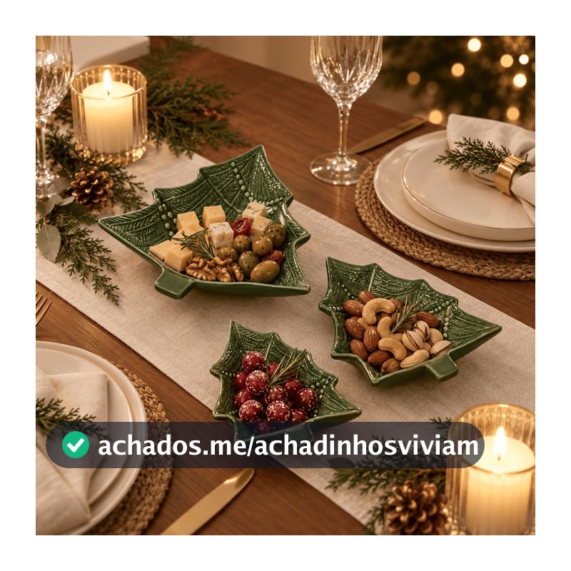 Kit / Conjunto Petisqueira Natal Árvore de Natal Alto Relevo Funda Verde em Cerâmica Ideal Para Mesa Posta Scalla 2a
