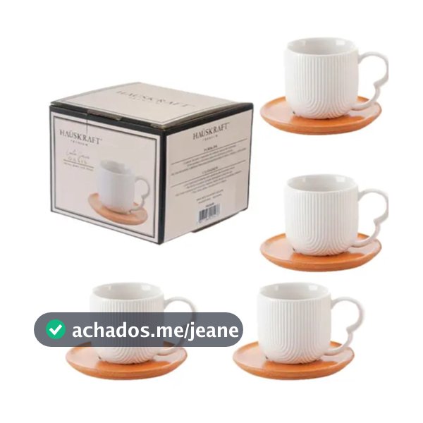 Jogo de Xicaras Com Pires Ceramica e Bambu 90ml 8 peças Oasis
