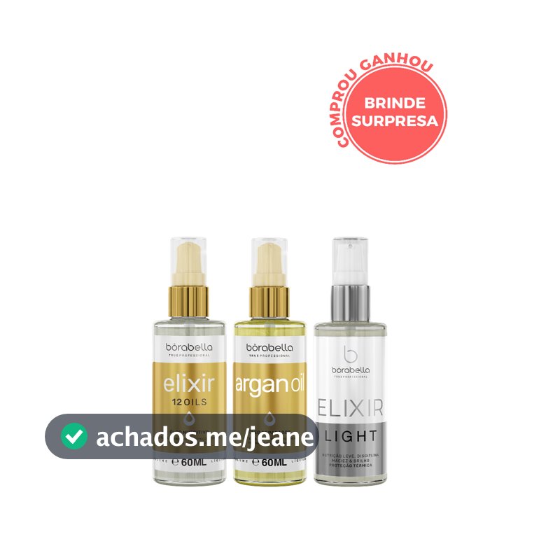 Trio de Sucesso Borabella Bio Elixir 12 Óleos + Óleo de Argan Reparador + Elixir Light 3x60ml