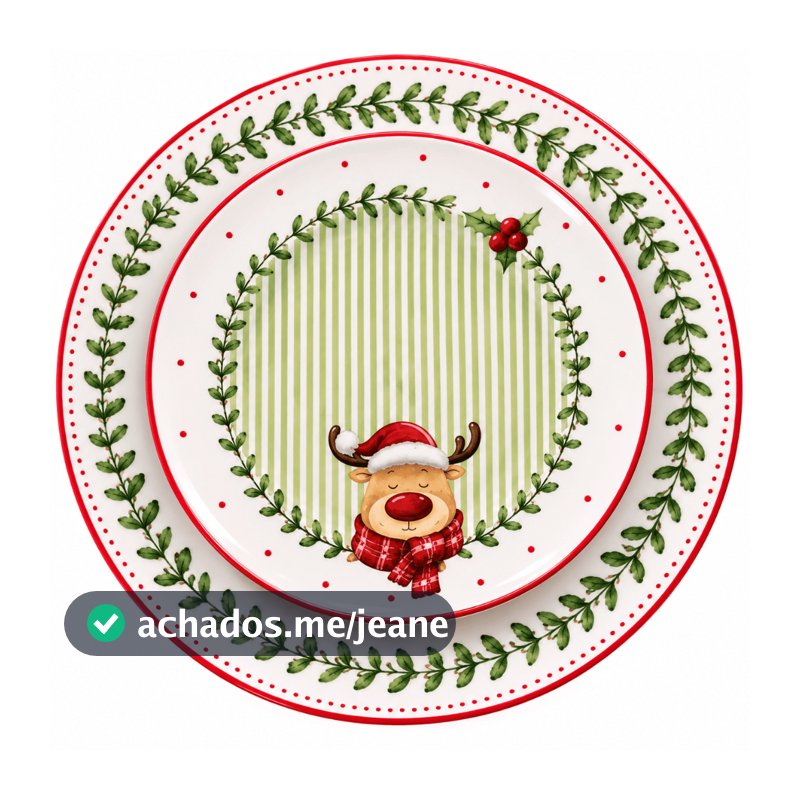 Prato Natalino Alleanza Cerâmica Prato Raso 29cm Sobremesa 21cm Kit Mesa Posta Decoração Ceia de Natal