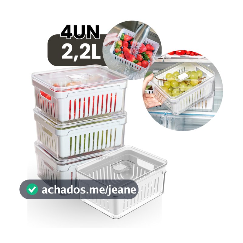 Kit 4un Organizadores de Geladeira 2,2L Acrílico Tampa Cesto Drenagem Frutas Verduras Empilhável