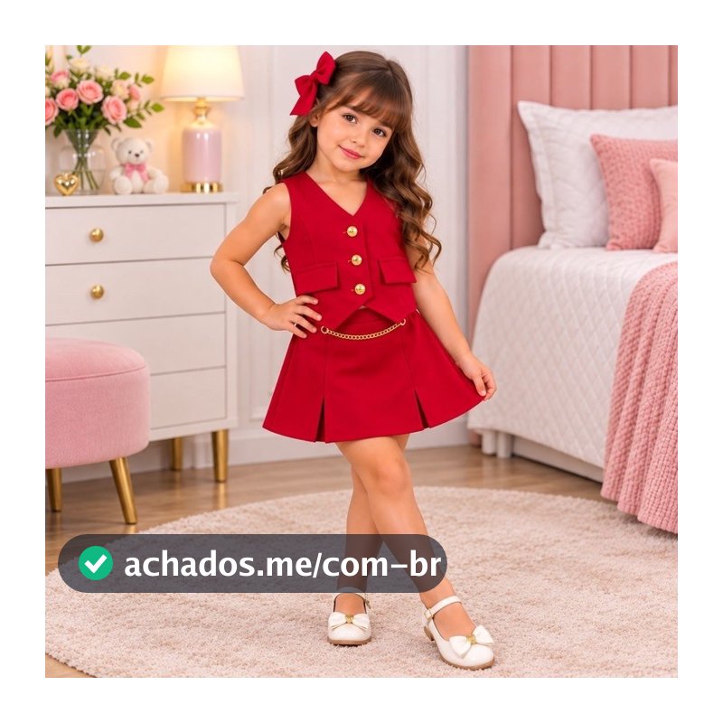 Conjunto Infantil e Juvenil 4 a 16 Anos Menina Alfaiataria Colete e Short Saia Modinha Blogueirinha