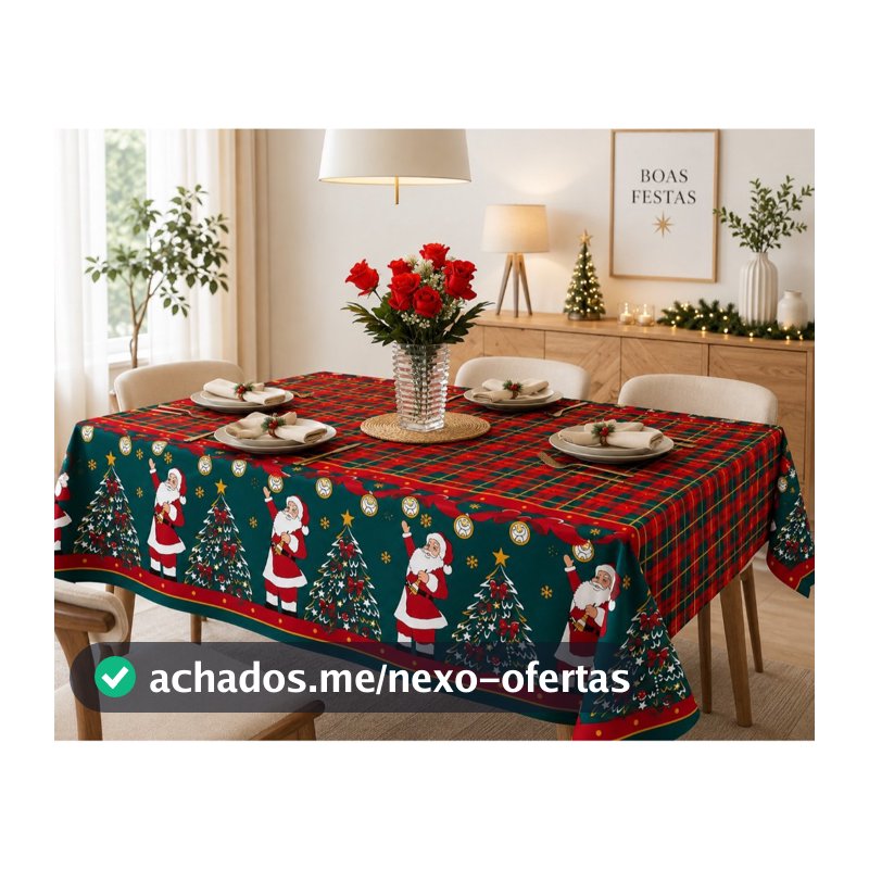 Toalha de Mesa Natalina 4, 6 e 8 Lugares Oxford Natal Estampada Papai Noel Vermelho Verde