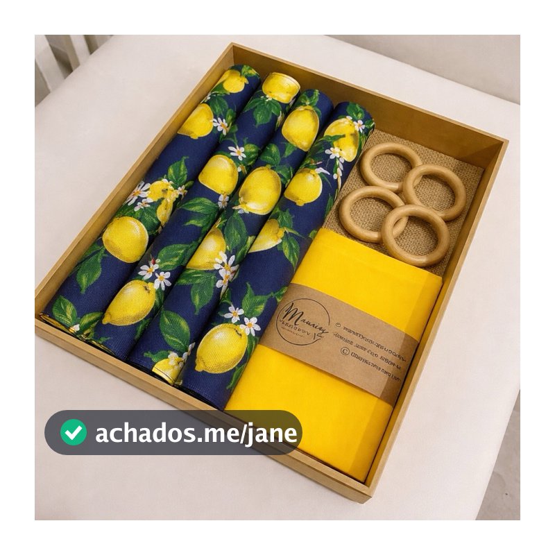 Kit Jogo Americano + Argolas + Guardanapos Box Manci 04 Lugares Completos Decoração Mesa Posta Limão